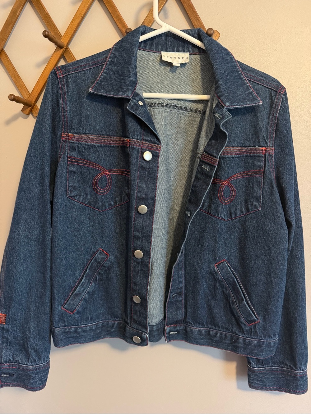 SPANNER Vintage Dark Wash Pink Contrast Stitch Denim Jacket M